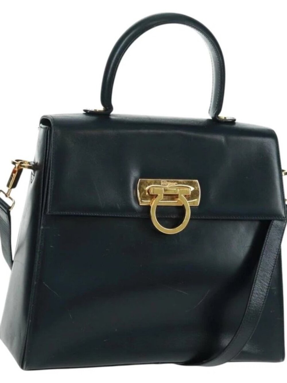 Salvatore Ferragamo Gancini Hand Bag Leather 2way Navy Gold - Picture 1 of 16